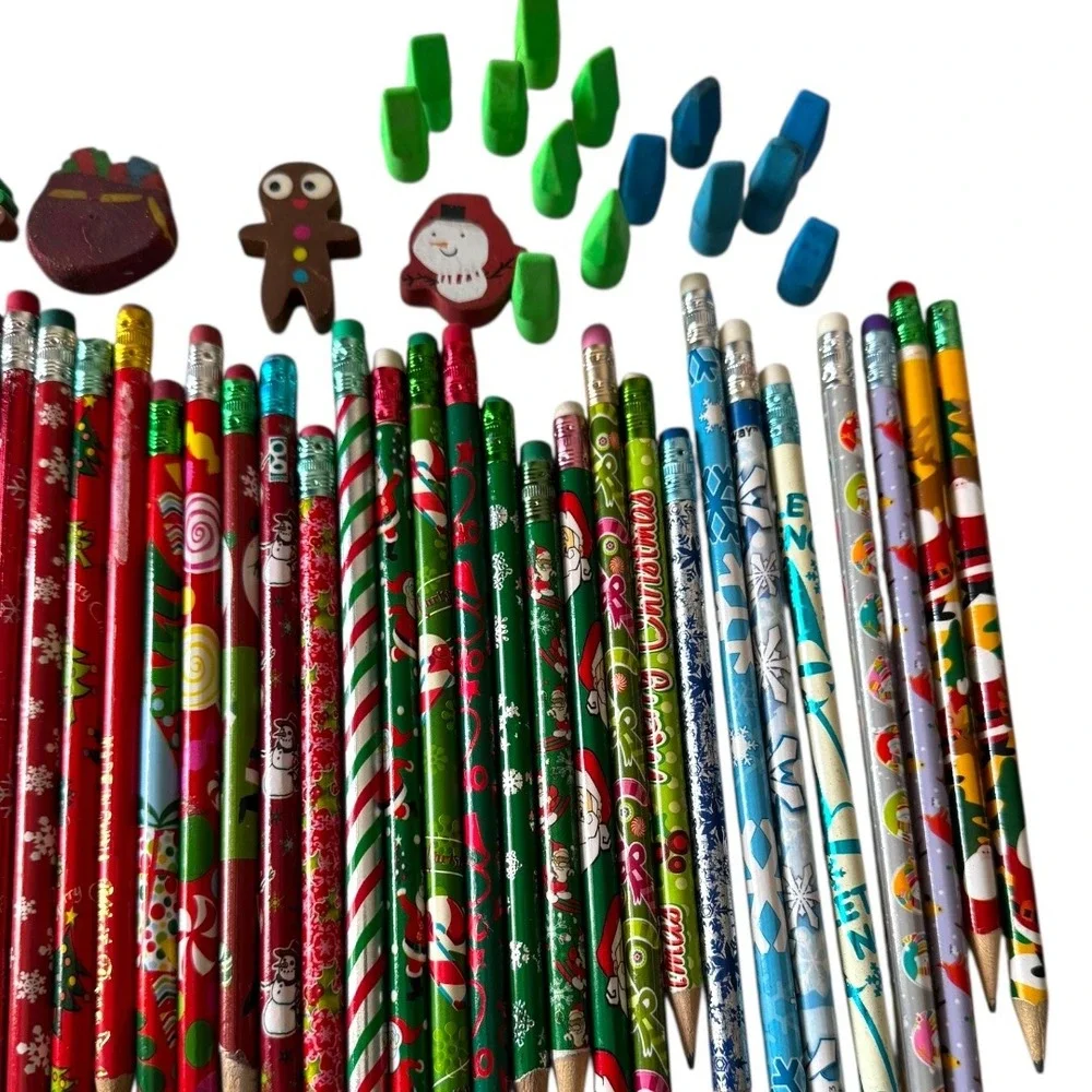 Christmas Pencils ‎ Erasers Holiday Vintage y2k School Classroom Supplies B20Q